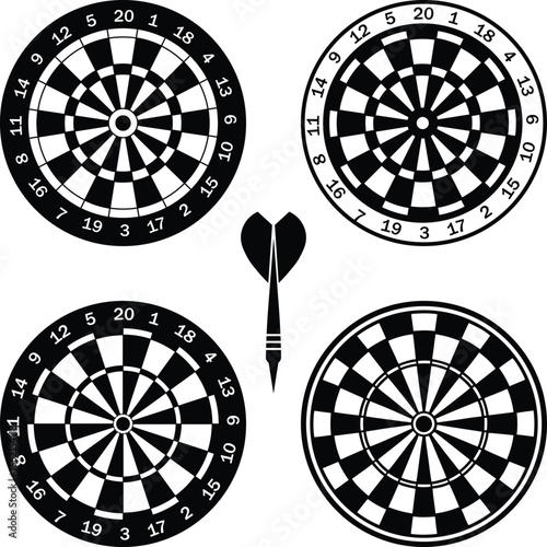 Dart Board Silhouette, Dart Boards svg. Dart Game, Dartboard, and Target Shooting Set. Vector Cut file for Cricut, isolated on white background