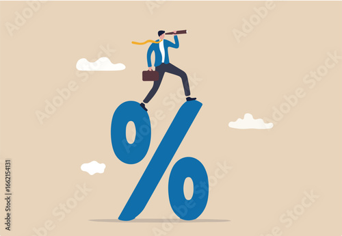 Interest rate forecast, FED and Central bank financial policy, search for investment profit or banking loan payment concept, confident businessman climb up percentage sign see vision on telescope.