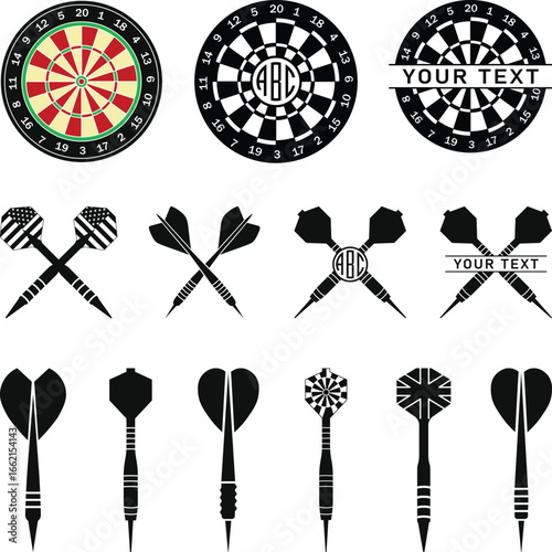 Dart Board Silhouette, Dart Pin svg. Dart Game, USA Dartboard  Arrow, Target Shooting Set. Vector Cut file for Cricut, isolated on white background