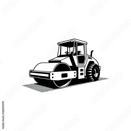 Black and white illustration of a road roller on a white background compactor steamroller