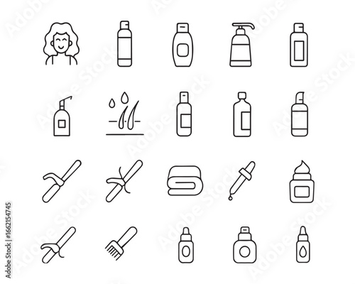Set of outline icons related to hair care. Linear icon collection