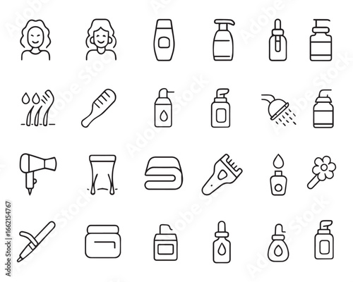 Set of outline icons related to hair care. Linear icon collection