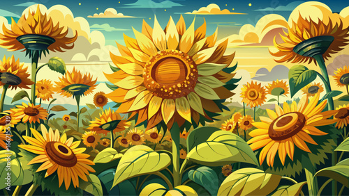 In Ottawa Ontario Canada, close up sunflowers flourish, golden crowns gleaming, natural artistry radiating, sunlight enhancing details, textured patterns unfolding, graceful beauty blooming, summer wa