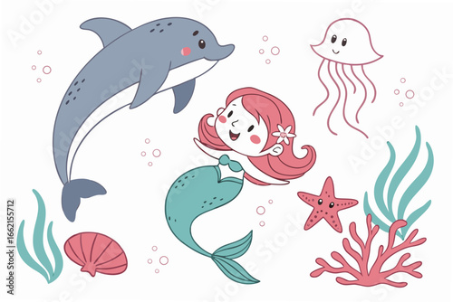 vector illustration of a set of sea animals