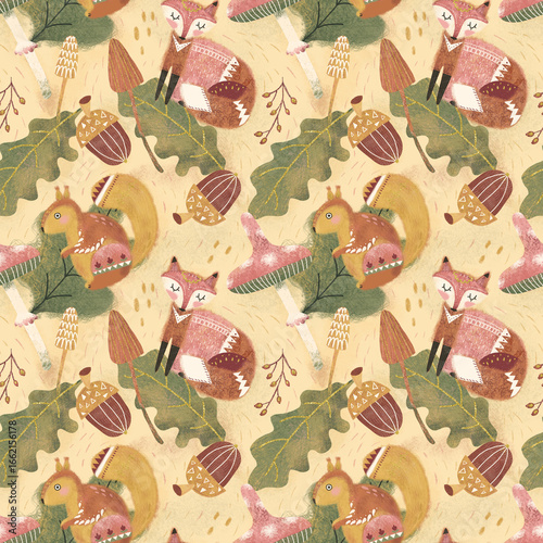 Slika na platnu Seamless autumn woodland pattern with foxes, squirrels, acorns, oak leaves, and mushrooms