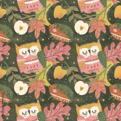 Fotografía Seamless night woodland pattern with owls, hedgehogs, apples, oak leaves, and autumn foliage