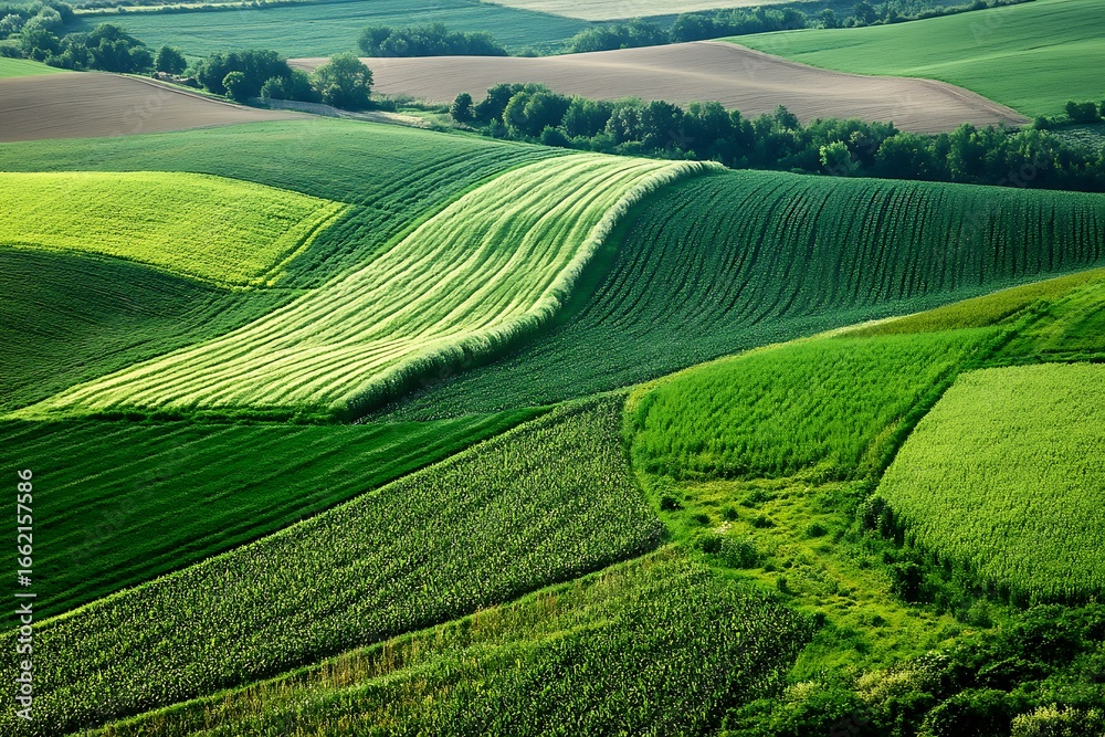 Fototapeta premium Green Farming Landscape with Various Crops and Trees from Above View in the Countryside