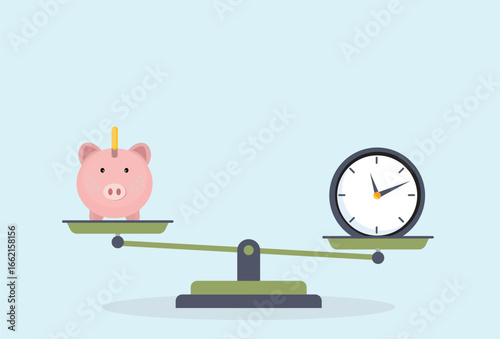 Time is money on scales icon. Money and time on scale. Time or money