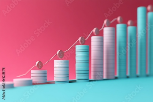 Growing Cylinder Chart with Dollar Coins and Arrow Showing Upward Trend on Pinkish Backdrop