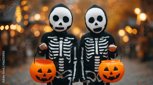 Two children wearing skeleton costumes holding orange pumpkin buckets for Halloween trick or treating with warm festive lights glowing background