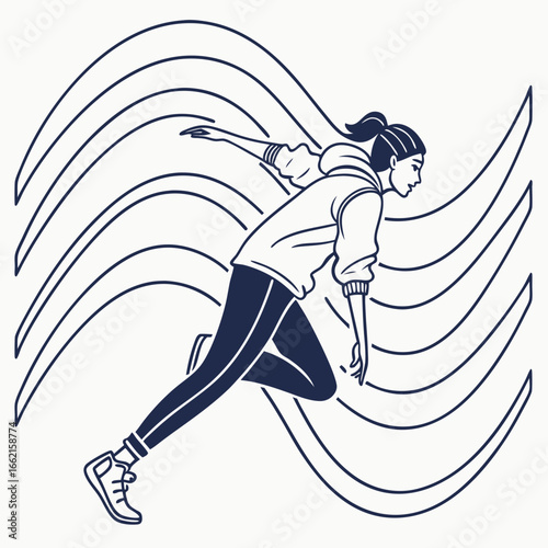 Stylized Line Art Illustration of a Running Woman with Abstract Background
