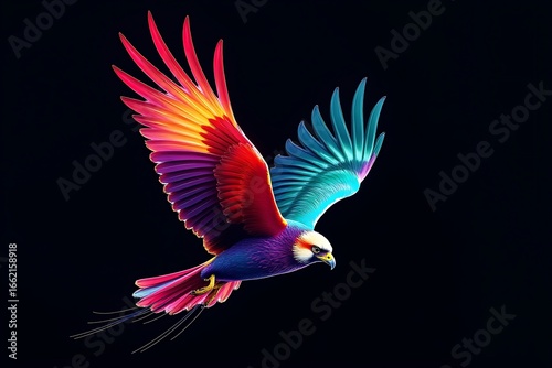  a majestic eagle with vibrant, colorful wings spread in flight against a dark background, symbolizing freedom and power