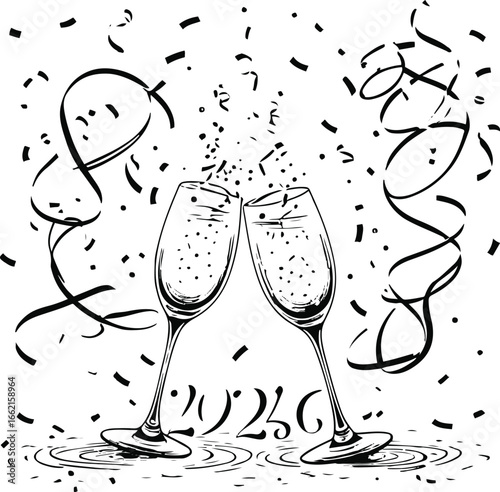Happy New Year 2026 celebration scene featuring elegant party glasses and swirling confetti, created in a delicate line art style, with two glasses clinking together surrounded by a flurry of confetti
