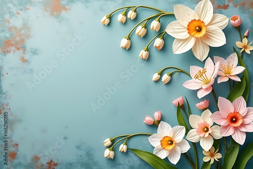  delicate spring daffodils with white and pink petals on a textured blue background