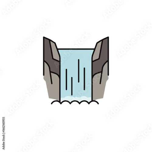 A simple flat design icon of a waterfall with light blue water cascading between two grey rocky cliffs.