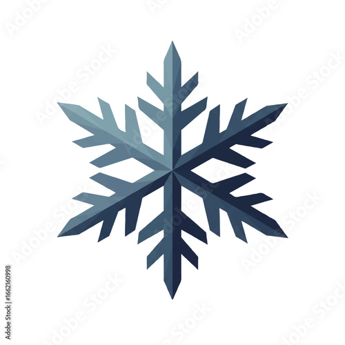 A single geometric blue snowflake with a chiseled faceted 3D appearance and six symmetrical points.