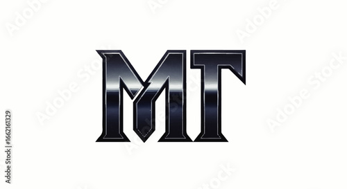 Bold MT monogram in a chiseled dark metallic font with sharp serifs and a glossy reflective finish.