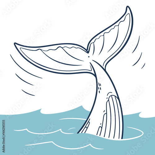 Whimsical blue whale tail fluke dives into stylized ocean waves in cartoon illustration style