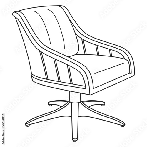 Clean line art drawing of a modern swivel armchair with a star base on a white background