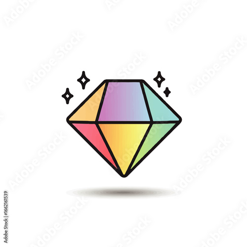 Colorful cartoon diamond with a pastel rainbow gradient thick black outline and sparkling accents.
