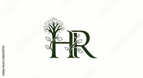 Dark green HR initial logo with a leafy tree and elegant vine entwined around the serif letters.