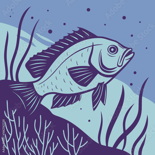 Stylized illustration of a single fish swimming in a blue underwater environment with purple aquatic plants