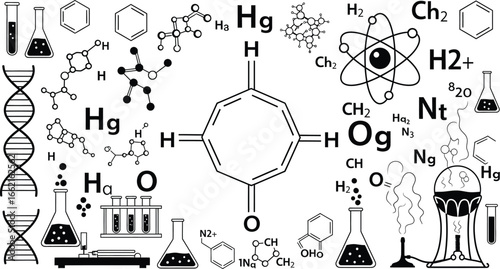 An illustration of various chemical structures and laboratory equipment in black and white style