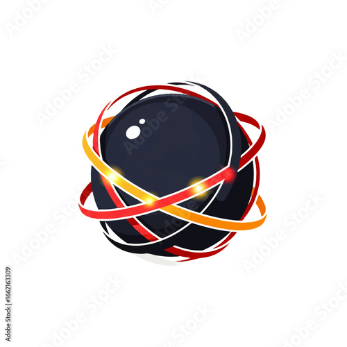 Glossy dark sphere encircled by intertwined red yellow and black glowing orbital rings.