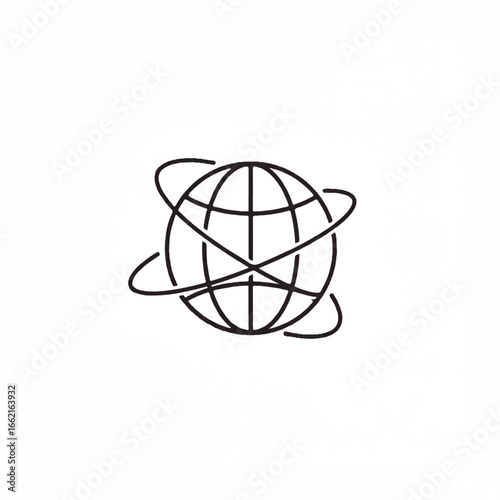 Minimalist black line art icon of a wireframe globe with three intersecting orbital rings.