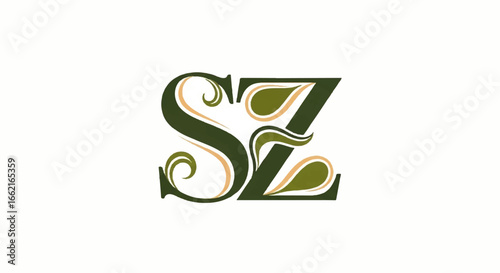 Ornate green and beige SZ initial logo with elegant swirls and leaf shapes.