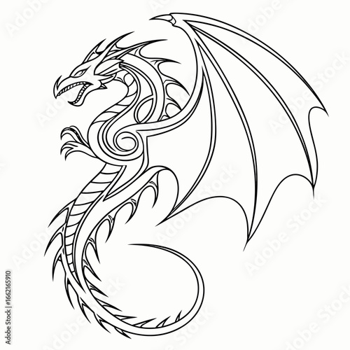 Stylized black and white line art of a fierce dragon with outstretched wings and a coiled tail