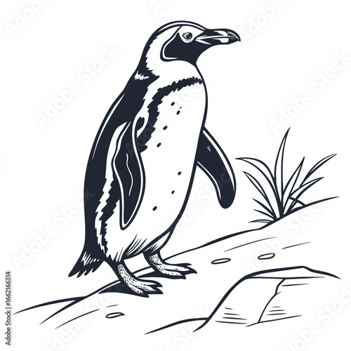 Stylized black and white illustration of a penguin standing on a rock with grass against a white background
