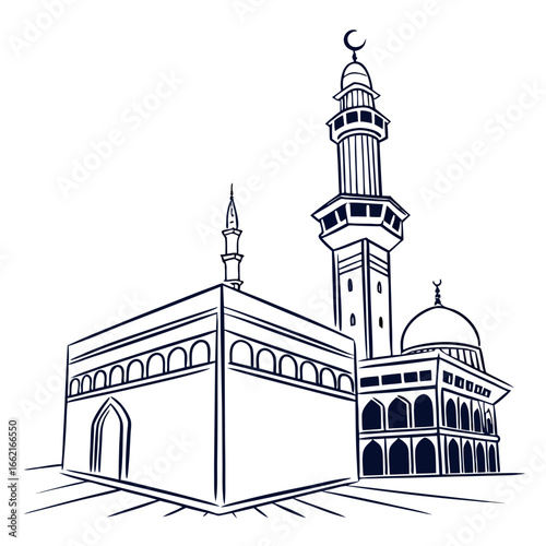 Stylized line drawing of the kaaba mosque and minaret in mecca saudi arabia