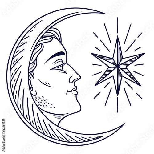 Artistic line drawing of a crescent moon with a human face looking at a radiant star