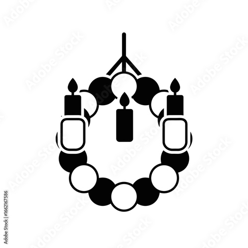 Vector art of black and white illustration of an advent wreath with four candles, two lit, isolated on a