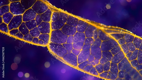Microscopic Leaf Vein Abstract Art,  Golden Veins on Purple Background