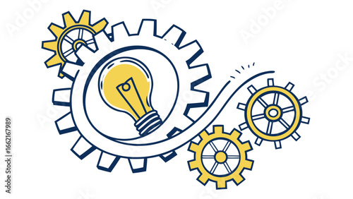 Illustration of gears and a light bulb representing ideas and mechanical processes working together well