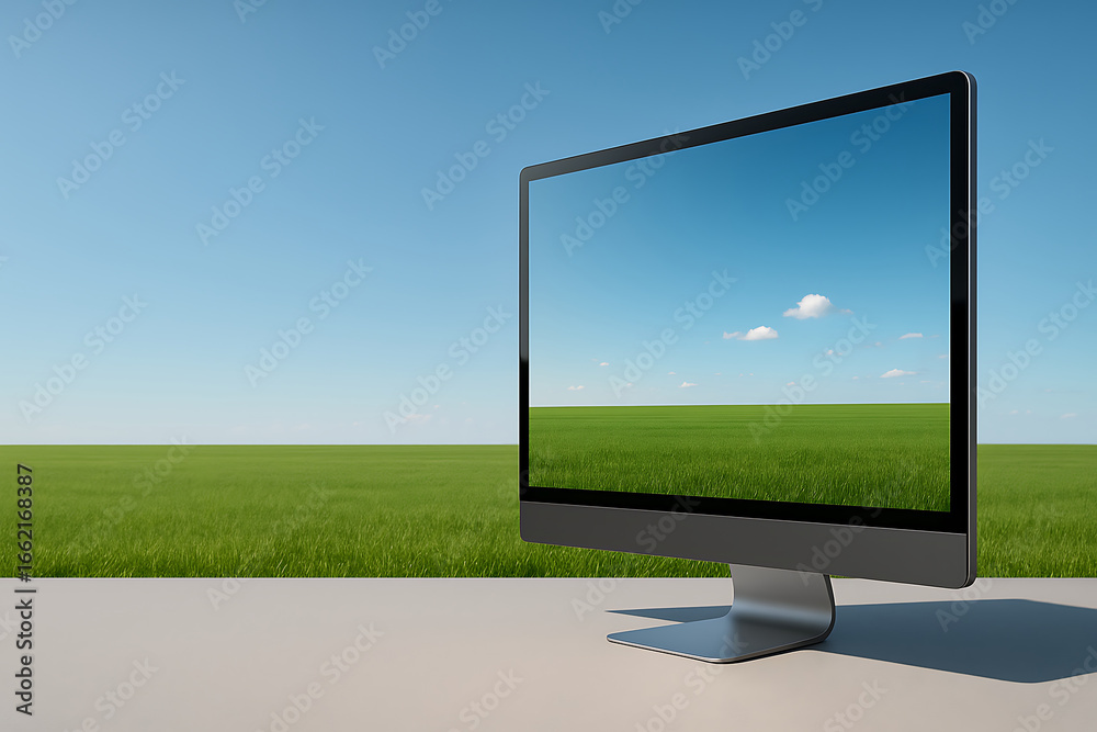 Fototapeta premium Modern desktop computer displaying serene landscape of green field and blue sky