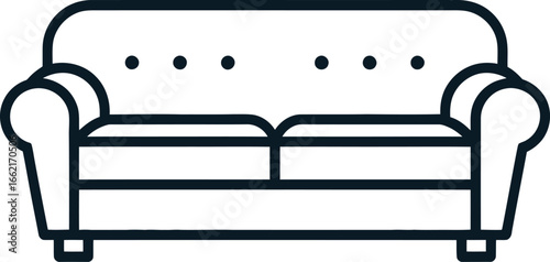 Simple line art icon of a dark blue sofa with cushions and legs couch furniture
