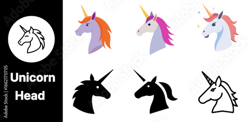 A versatile Unicorn Head icon set with unique variants ideal for magical fairy tale and mythical creature themed designs.


