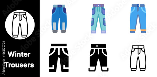 A modern Winter Trousers icon set featuring various variants with different styles perfect for clothing apparel and cold-weather projects.

