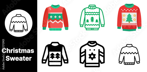 A Christmas Sweater icon set featuring various variants with different styles perfect for festive holiday and winter-themed designs.

