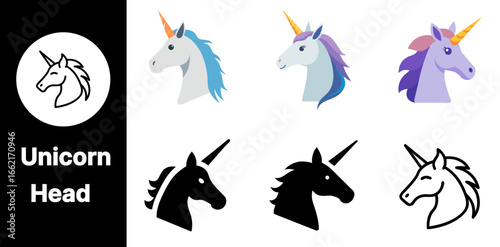 A whimsical Unicorn Head icon set featuring various variants with playful designs and mystical styles perfect for fantasy and children's projects.

