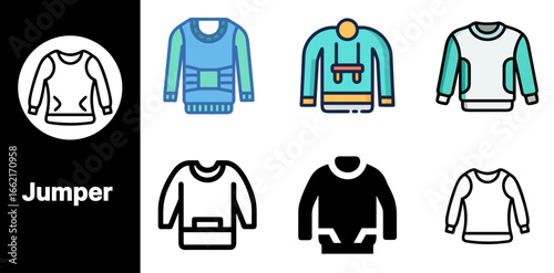 A fashion Jumper icon set featuring various variants with different styles perfect for clothing apparel and cozy wear designs.

