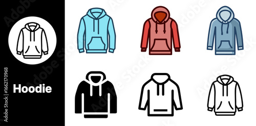 A fashion Hoodie icon set featuring various variants with different styles perfect for clothing apparel and casual wear designs.

