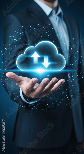 Man in suit holding glowing cloud with upload download arrows and network connections cloud computing