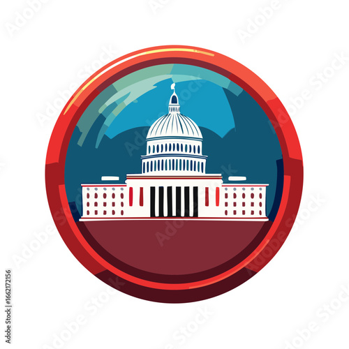 Capitol building vector illustration in round frame with artistic cloudy sky