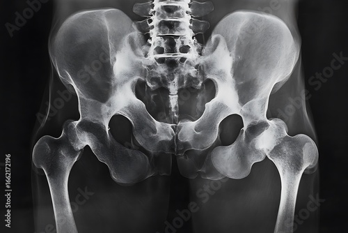 Pelvis Radiograph Xray Hip Joints, Spine, Femur Bones, and Medical Scan on Black