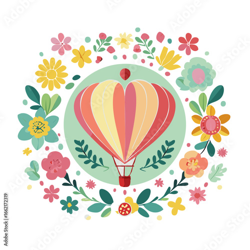 Hot Air Balloon surrounded by flower blossoms, decorative spring floral arrangement, whimsical vector illustration