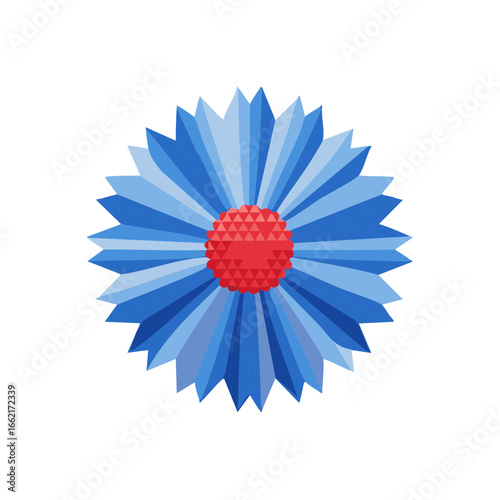 Geometric Origami Flower with a Red Center radiating blue folded petals a modern design and vector illustration of a symmetrical abstract
